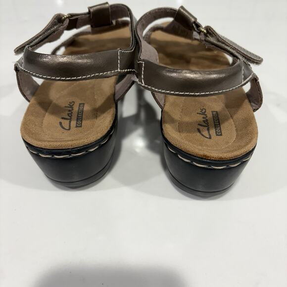 Clarks | Sandals Hayla Flute Pewter Metallic Leather Wedge Heel Comfort- 7.5 - Picture 7 of 10